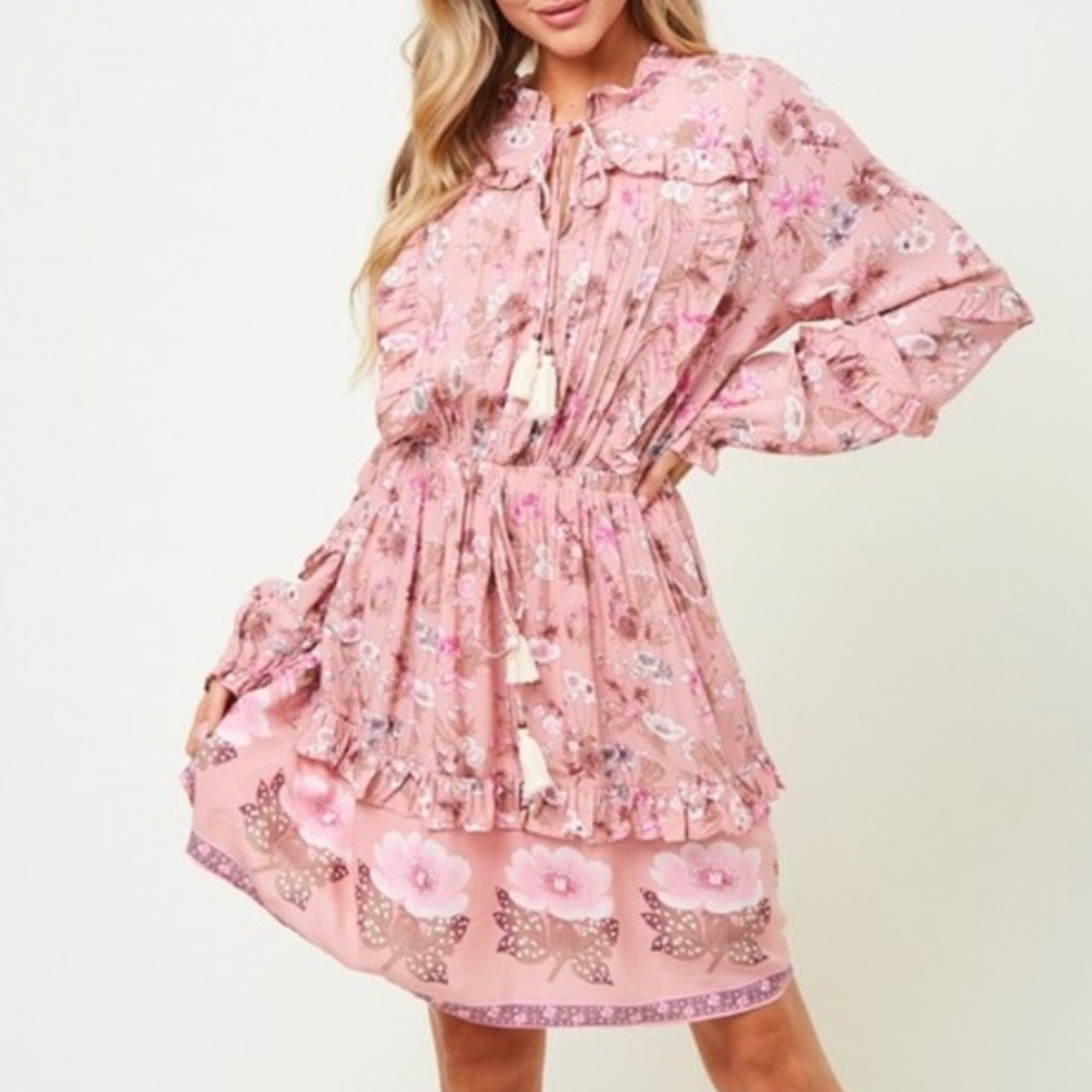 SOLD OUT Boho Gypsy Floral Long Sleeve Ruffle Mini Dress - Picture 1 of 9